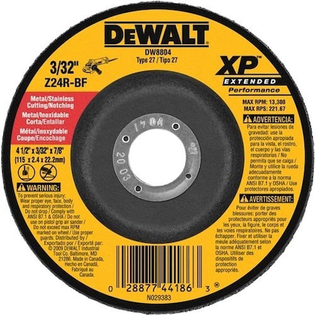 Dewalt Bonded Abrasive, 4-1/2in. x 3/32in. x 7/8in. Zirconia Abrasive DW8804